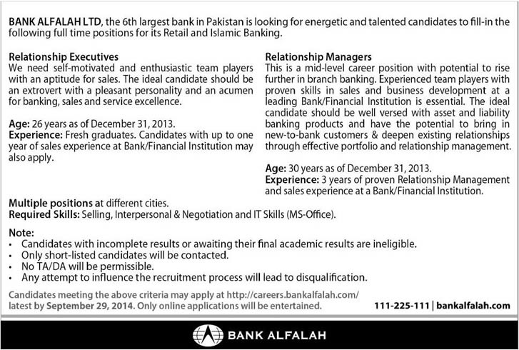 Bank Alfalah Jobs 2014 September Relationship Executives / Managers Pakistan Latest