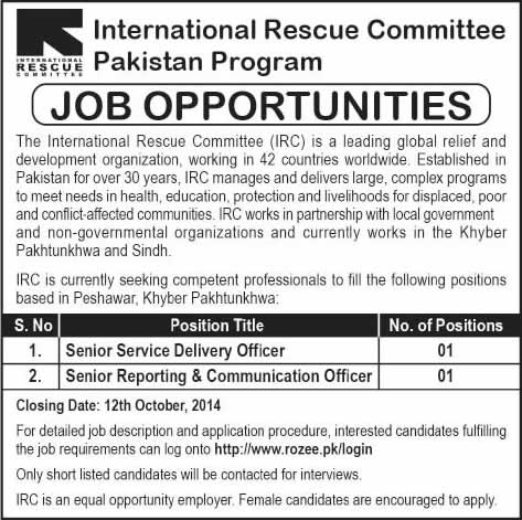 IRC Pakistan Jobs 2014 October for Senior Service Delivery and Reporting & Communication Officers