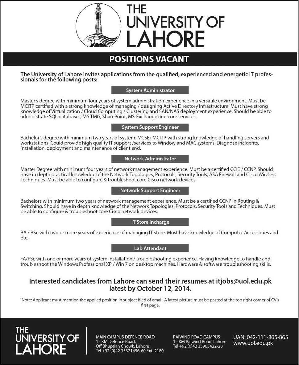 The University of Lahore Jobs 2014 October Punjab Latest for IT Staff