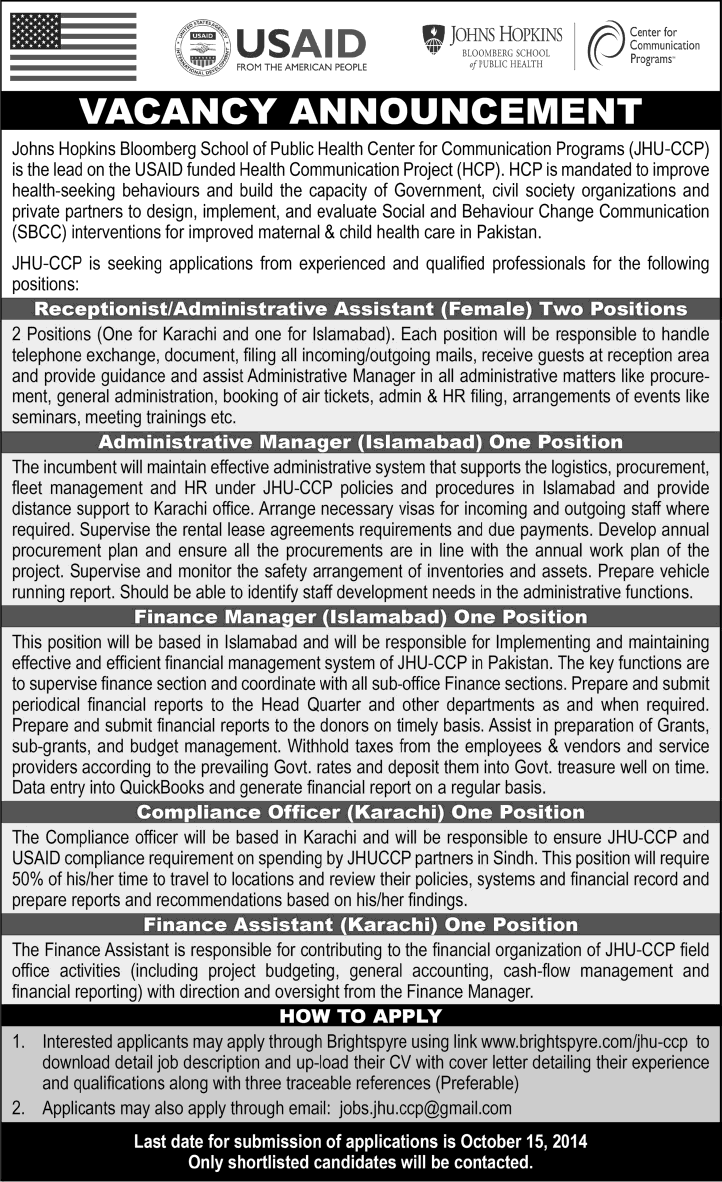 NGO Jobs in Islamabad & Karachi October 2014 Latest at JHU-CCP for USAID Funded HCP Project