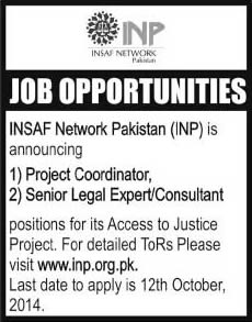 Project Coordinator & Legal Advisor Jobs in Islamabad 2014 October at INSAF Network Pakistan (INP)