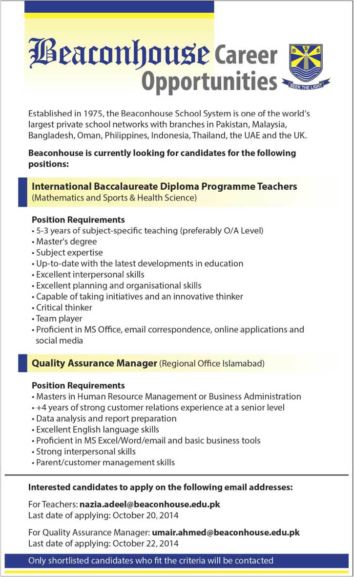 Beaconhouse School System Jobs 2014 October Latest for IBDP Teachers & QA Manager