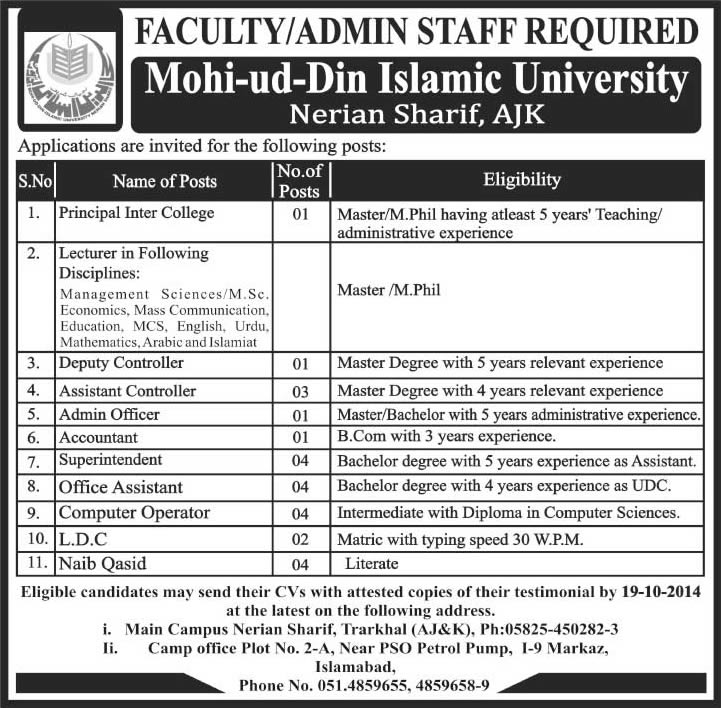 Mohi-ud-Din Islamic University AJK Jobs 2014 Teaching Faculty & Admin Staff