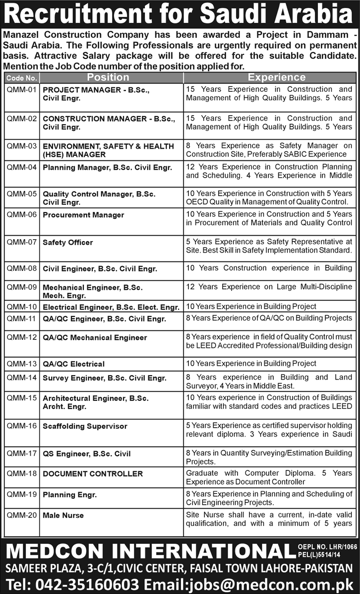 Manazel Construction Company Jobs in Saudi Arabia 2014 October through Medcon International