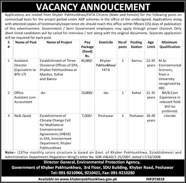 Environmental Protection Agency KPK Jobs 2014 October for Assistant Director, Office Assistant and Naib Qasid