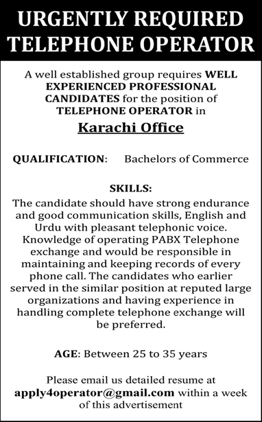 Telephone Operator Jobs in Karachi 2014 October Latest