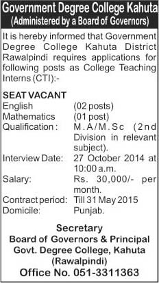 Government Degree College Kahuta Jobs 2014 October for College Teaching Interns (CTI) Latest