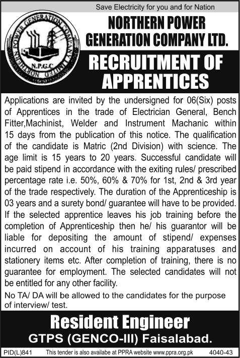 Northern Power Generation Company Limited Jobs 2014 October Apprentices at GTPS Faisalabad GENCO-III