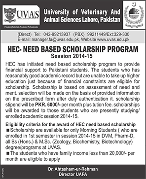 HEC Need Based Scholarship 2014-15 UVAS - University of Veterinary & Animal Sciences