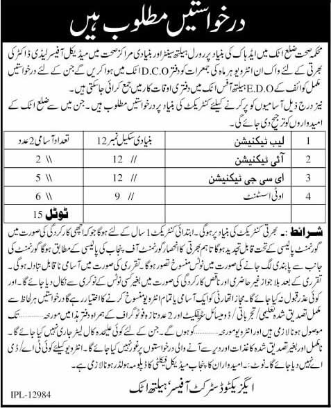 Health Department Attock Jobs 2014 October Medical Officers, OT Assistant & ECG / Eye / Lab Technicians