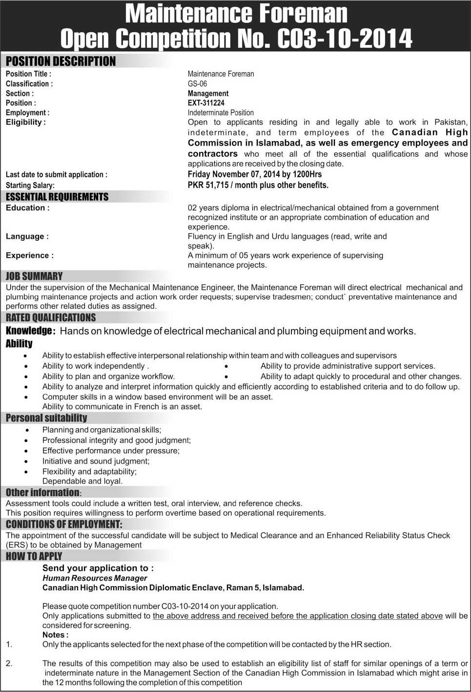 Canadian High Commission Islamabad Jobs 2014 October Maintenance Foreman