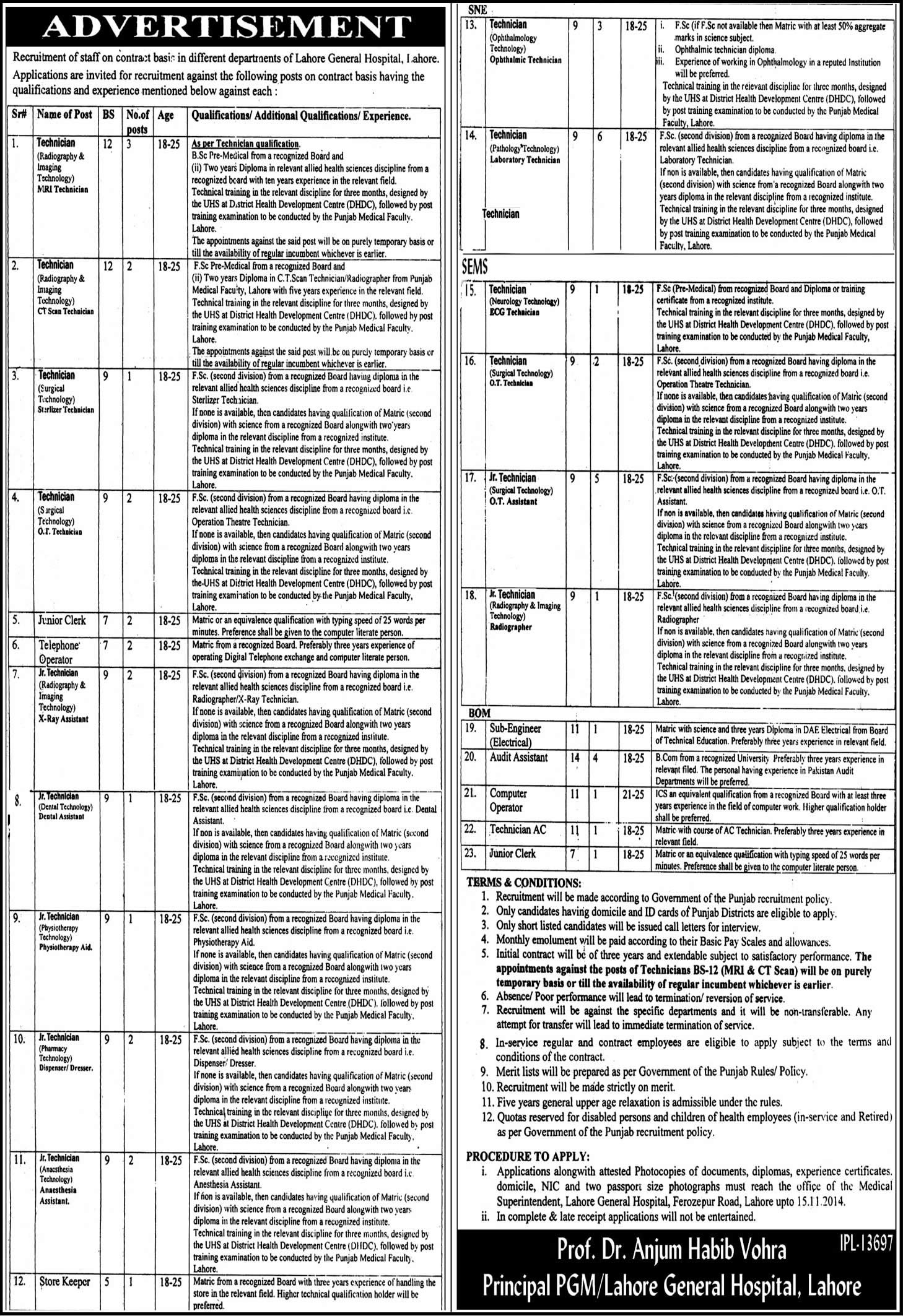 Lahore General Hospital Jobs 2014 October Latest for Medical Technicians & Admin Staff