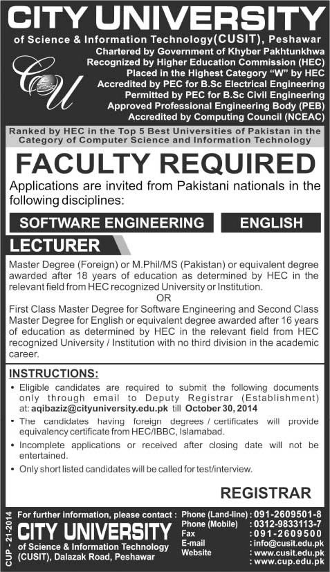 City University Peshawar Jobs October 2014 Latest for Lecturers in Teaching Faculty