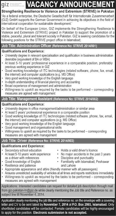 GIZ Islamabad Jobs October 2014 Pakistan Latest for Admin Officer, Management Assistant & Driver