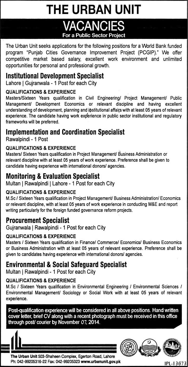 Urban Unit Jobs October 2014 Latest Advertisement PCGIP