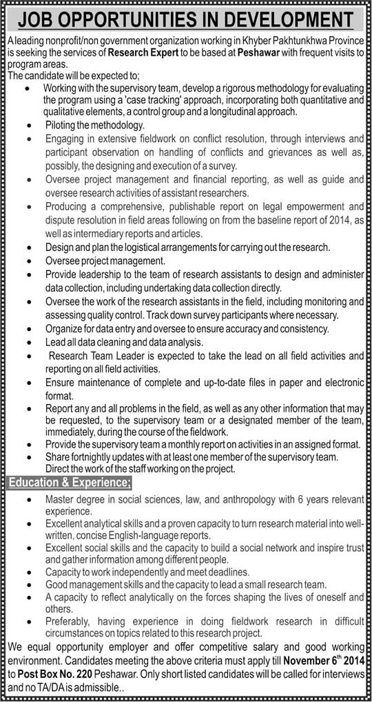 PO Box 220 Peshawar Jobs October 2014 for Research Expert at NGO in KPK