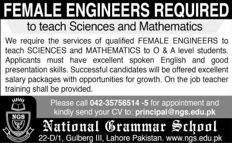 Female Teaching Jobs in Lahore 2014 October at National Grammar School Gulberg III