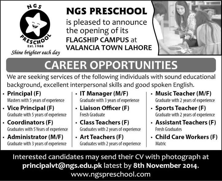 School Jobs in Lahore October / November 2014 Teachers & Other Staff at NGS Preschool Valencia Town