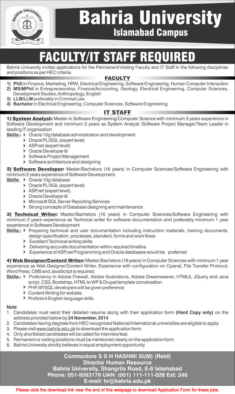 Bahria University Islamabad Jobs 2014 November Application Form Download