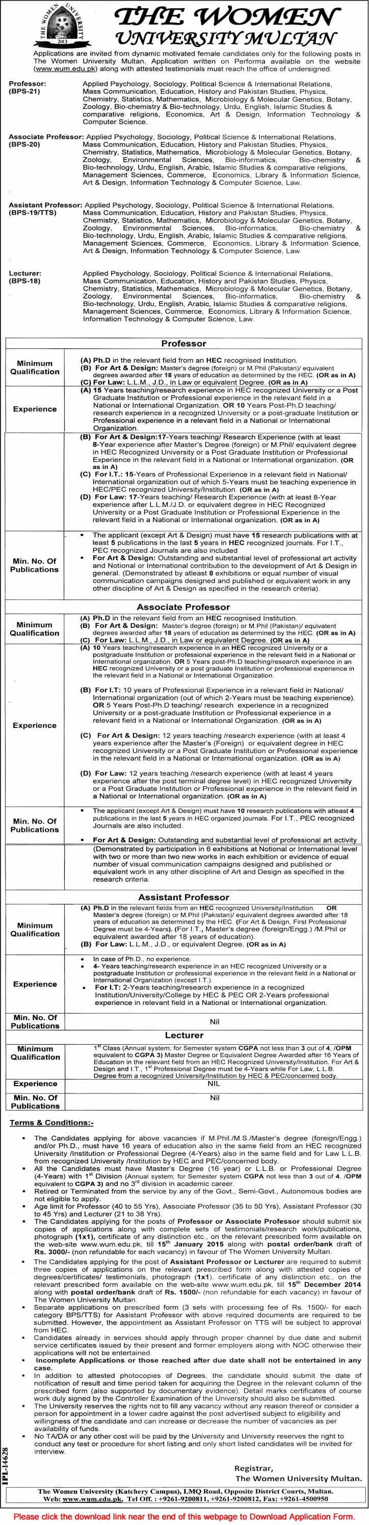 Woman University Multan Jobs 2014 November Teaching Faculty Application Form