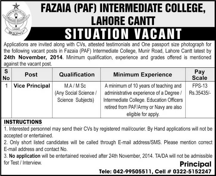 Vice Principal Jobs in Fazaia Intermediate College Lahore 2014 November Latest PAF