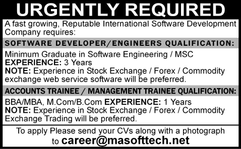 Software Engineering & Accounts Trainee Jobs in Karachi 2014 November at MA Soft Tech