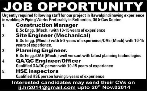 Mechanical Engineers, QA / QC Engineer  & HSE Inspector Jobs in Rawalpindi 2014 November