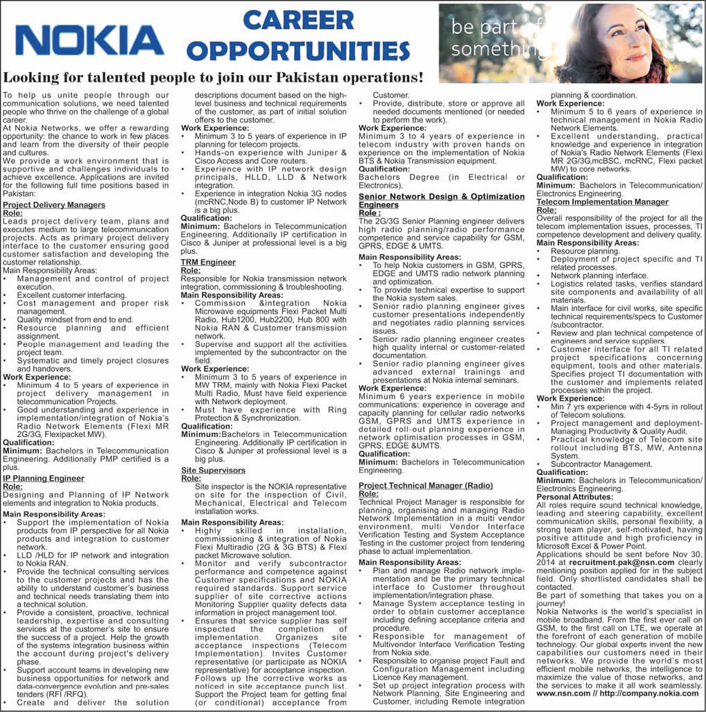 Nokia Pakistan Jobs November 2014 Latest Advertisement