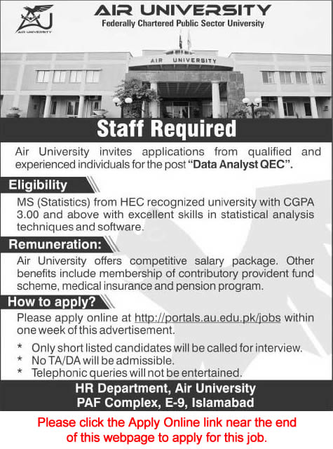 Air University Islamabad Jobs 2014 November Data Analyst Apply Online