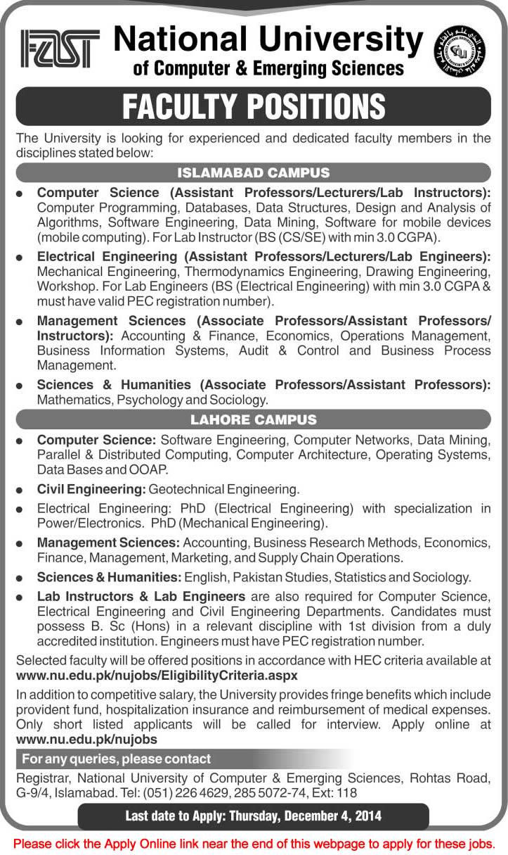 FAST University Islamabad / Lahore Jobs 2014 November NU Teaching Faculty Apply Online