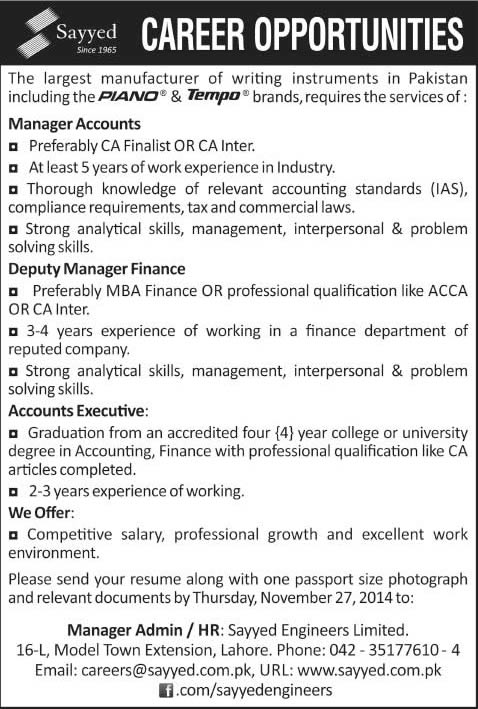 Accounting Jobs in Lahore 2014 November Sayyed Engineers Limited Piano / Tempo
