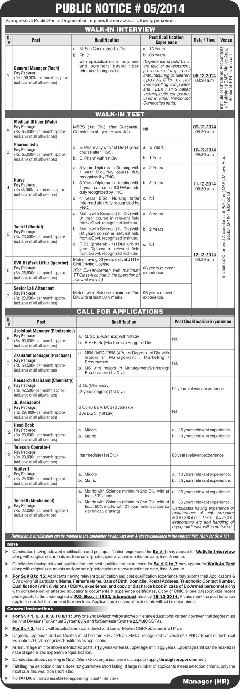 PO Box 1632 Islamabad Jobs 2014 December / November Progressive Public Sector Organization