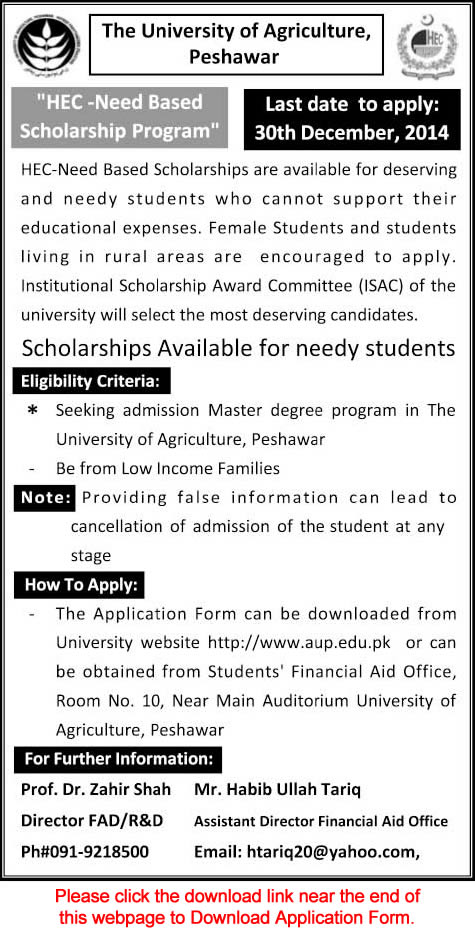 University of Agriculture Peshawar HEC Need Based Scholarship 2014-15 Application Form