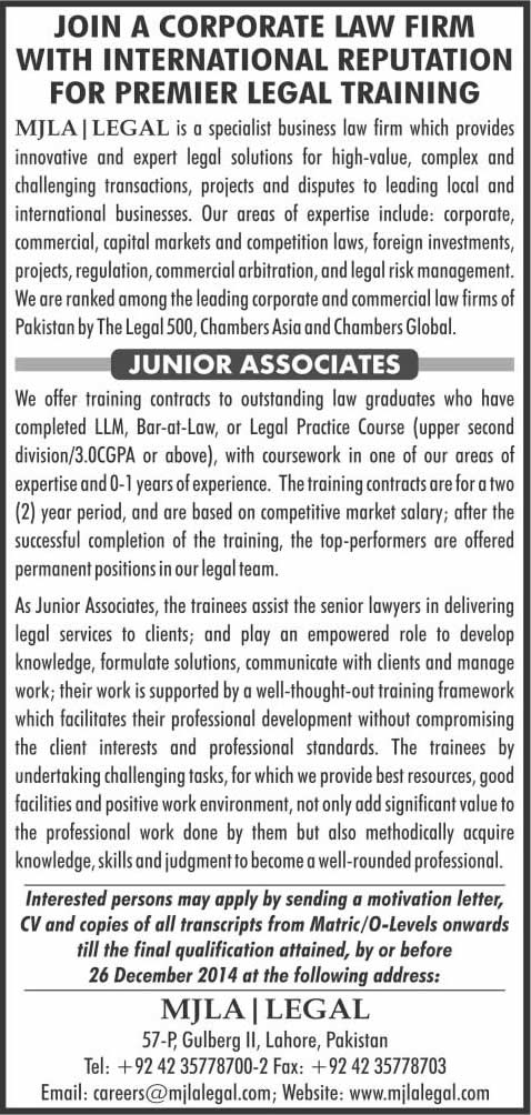 Junior Associates Jobs in MJLA Legal Lahore 2014 December Latest
