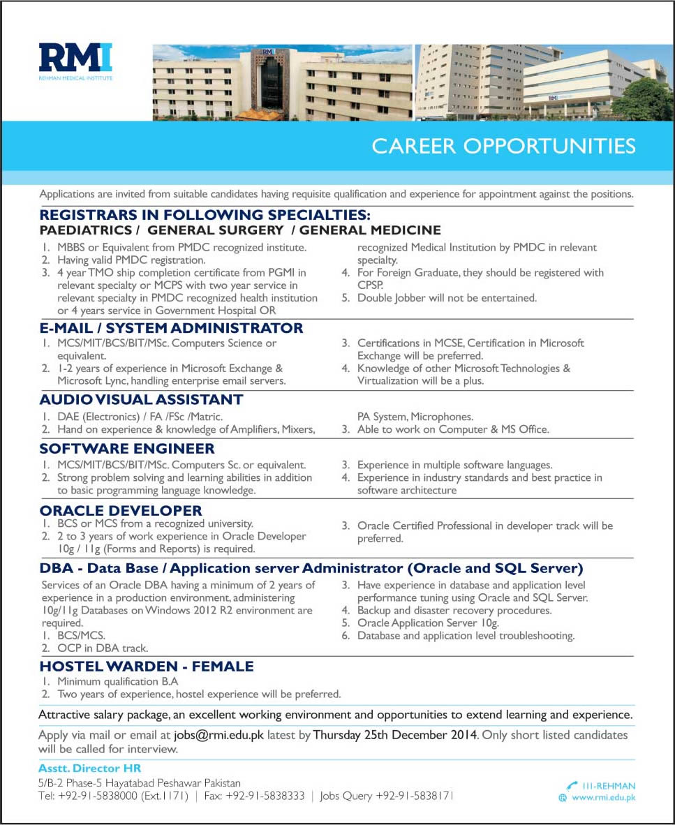 Rehman Medical Institute Peshawar Jobs 2014 December Registrars, IT Support Staff & Hostel Warden