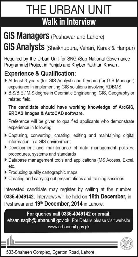 Urban Unit Jobs December 2014 GIS Managers / Analyst Walk in Interviews