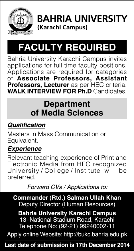 Bahria University Karachi Jobs 2014 December Teaching Faculty of Media Sciences