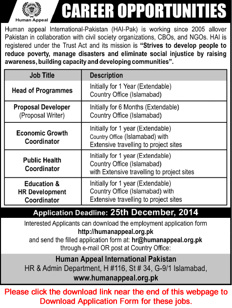 Human Appeal International Pakistan Jobs 2014 December HAI-Pak Application Form Download