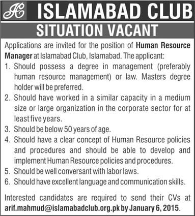 HR Manager Jobs in Islamabad 2014 December at Islamabad Club