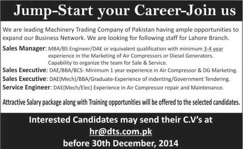 Sales and Marketing Jobs in Lahore December 2014 for MBA / BBA / Mechanical Engineers