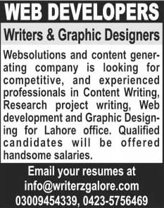 Web Developers, Content Writers & Graphic Designer Jobs in Lahore December 2014