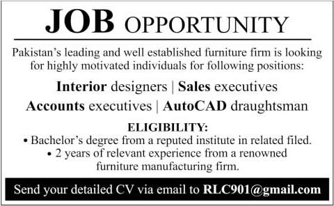 Sales / Accounts Executives, AutoCAD Draftsman & Interior Designer Jobs in Pakistan 2014 December