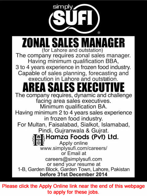 Sales Manager & Sales Executive Jobs in Sufi Group 2014 December Hamza Foods (Pvt.) Ltd