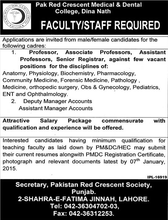 Pakistan Red Crescent Medical & Dental College Jobs 2015 Medical Faculty & Accounts Manager