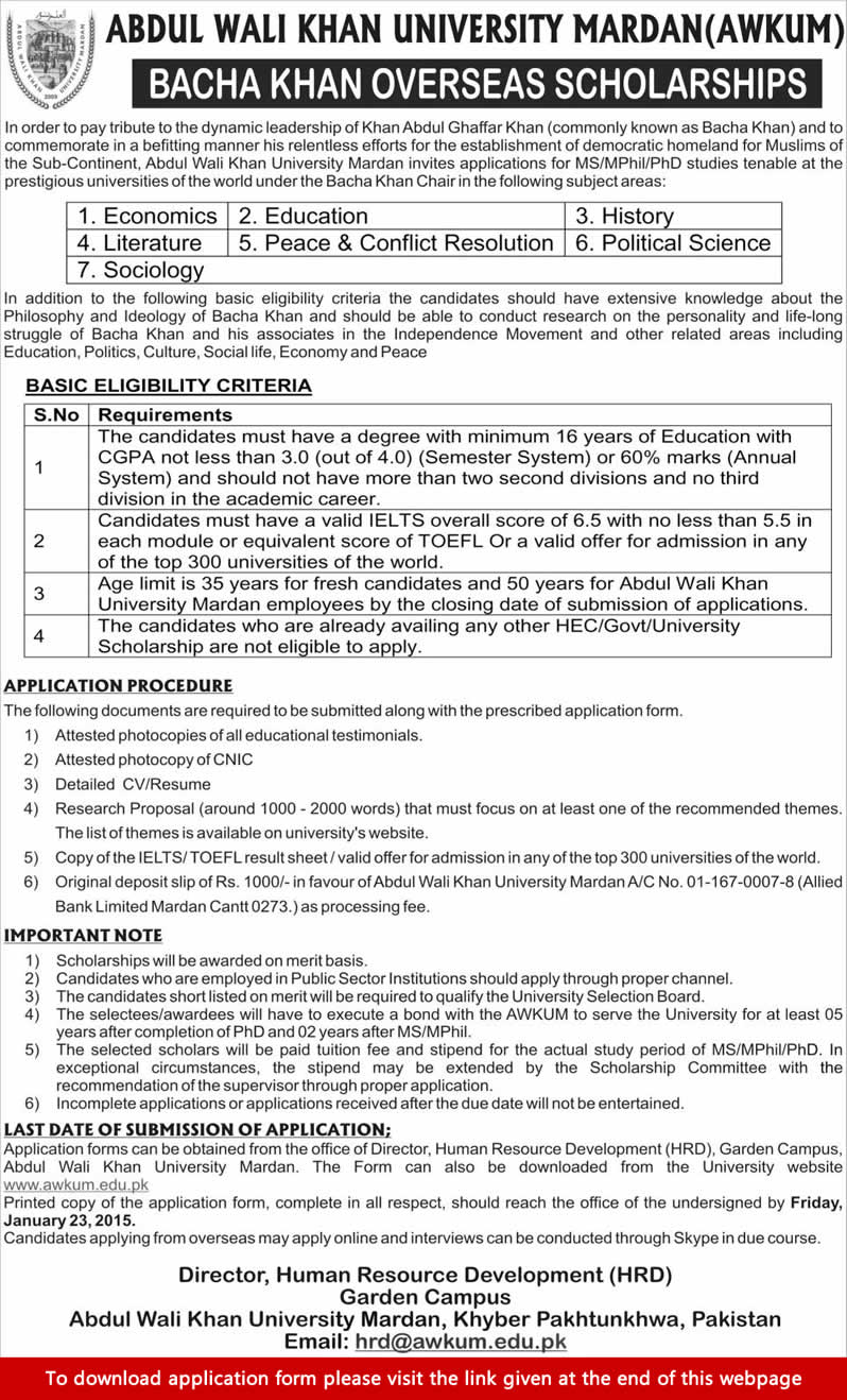 AWKUM Scholarships 2015 Bacha Khan Overseas Scholarships Application Form Download