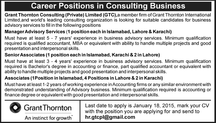 Grant Thornton Consulting Pakistan Jobs 2015 Associates & Business Advisory Services Managers