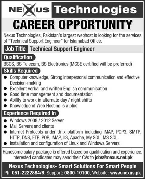 Nexus Technologies Islamabad Jobs 2015 Technical Support Engineer