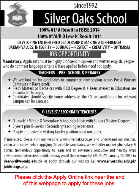 Teaching Jobs in Rawalpindi 2015 at Silver Oaks School