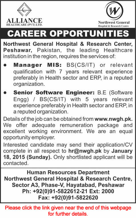 Manager MIS & Senior Software Engineering Jobs in Peshawar 2015 at Northwest General Hospital