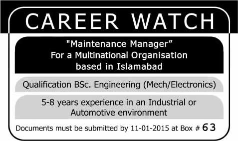 Electronics / Mechanical Engineering Jobs in Islamabad 2015 as Maintenance Manager